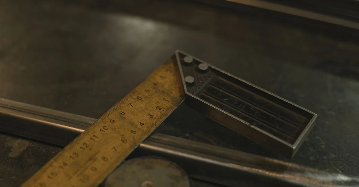 Gros plan d'une règle en métal et d'un outil de mesure sur une surface d'atelier.