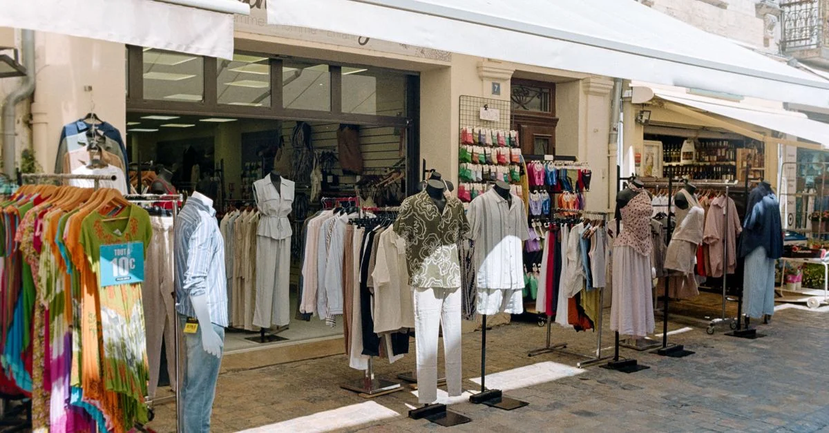 Vitrine de magasin de vêtements d'extérieur avec divers articles à Aigues-Mortes, France, expérience de shopping vibrante.
